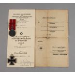 Nachlass Auszeichnungen 2. WeltkriegEisernes Kreuz 2. Klasse mit Urkunde (Kutejnikow, 16. Dezember