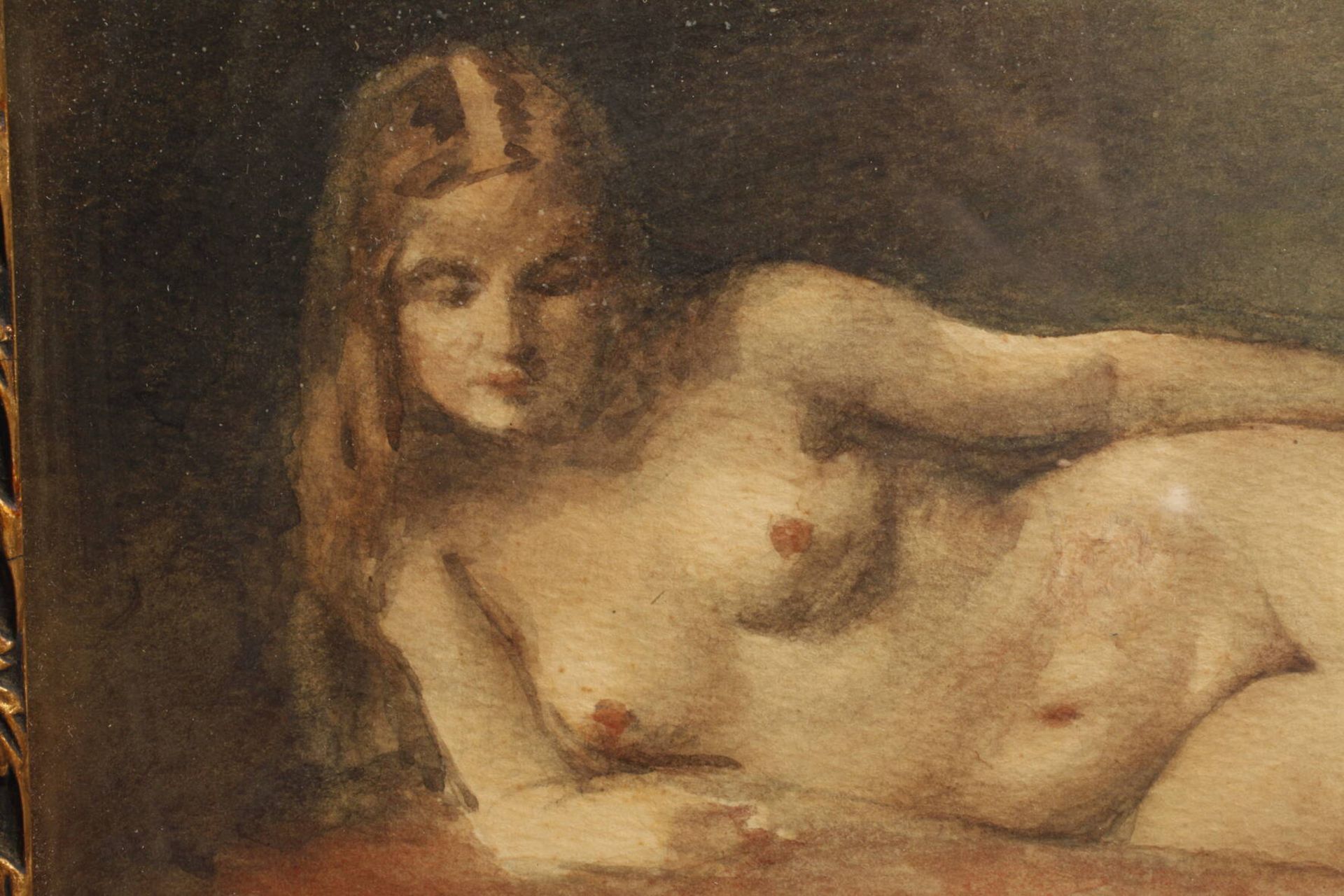 Pal Kümmerle, Liegender Frauenaktauf einer Liege ruhende nackte Frau mit langem Haar, Aquarell, - Image 4 of 5
