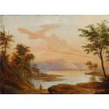 Karl Droysen, Weite Landschaft mit SeeBlick von einer leichten Anhöhe über einen See, auf eine in