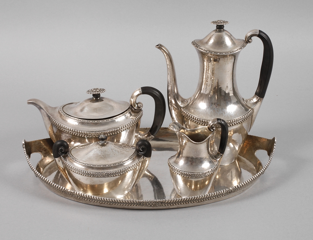 Silber Kaffee-/Teeservice Bruckmannum 1915, gestempelt Halbmond, Krone, 800 und Herstellermarke,