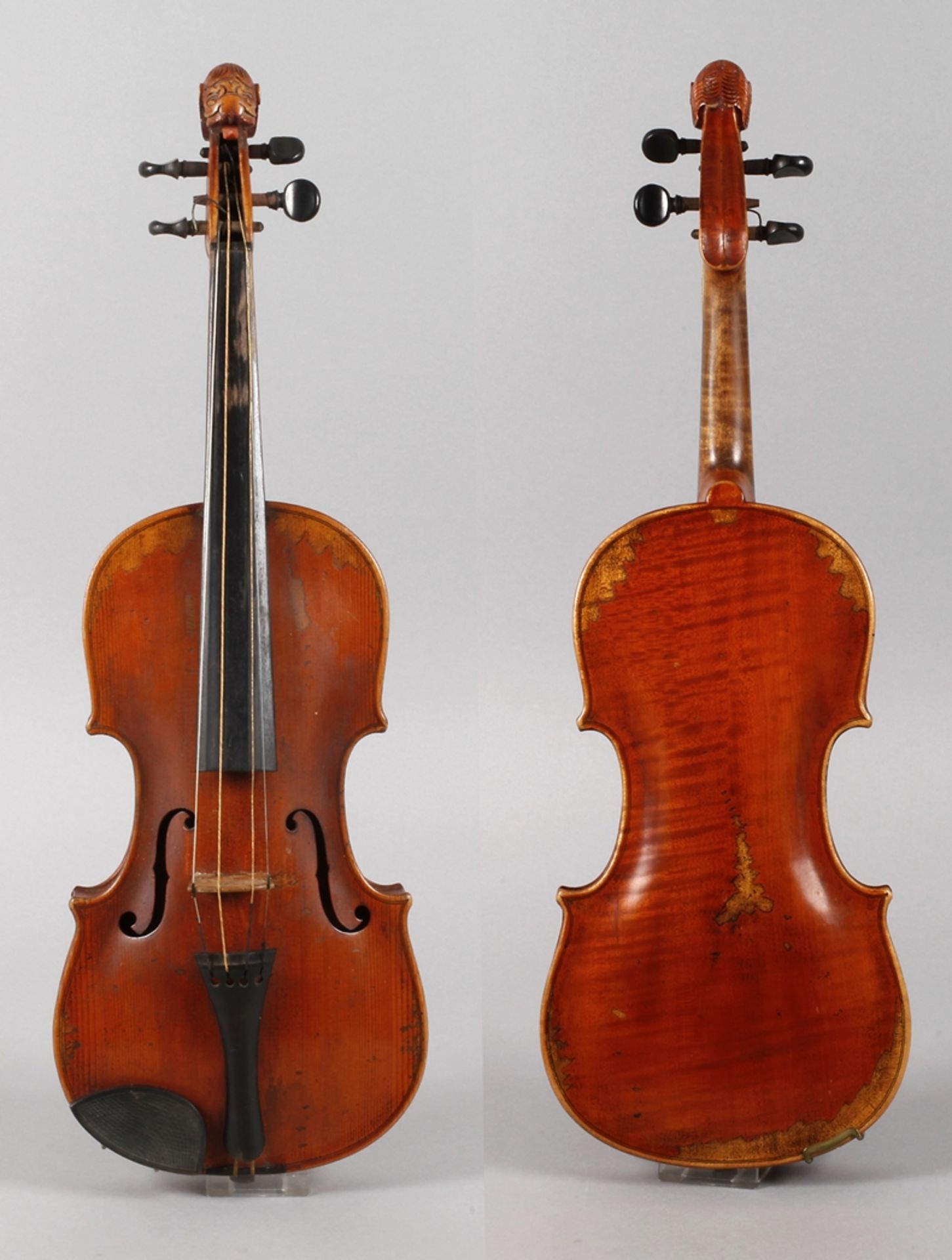 Violine im Etuium 1900, innen mit handschriftlichem Klebezettel Marcus Stainer Tiroll 1646,