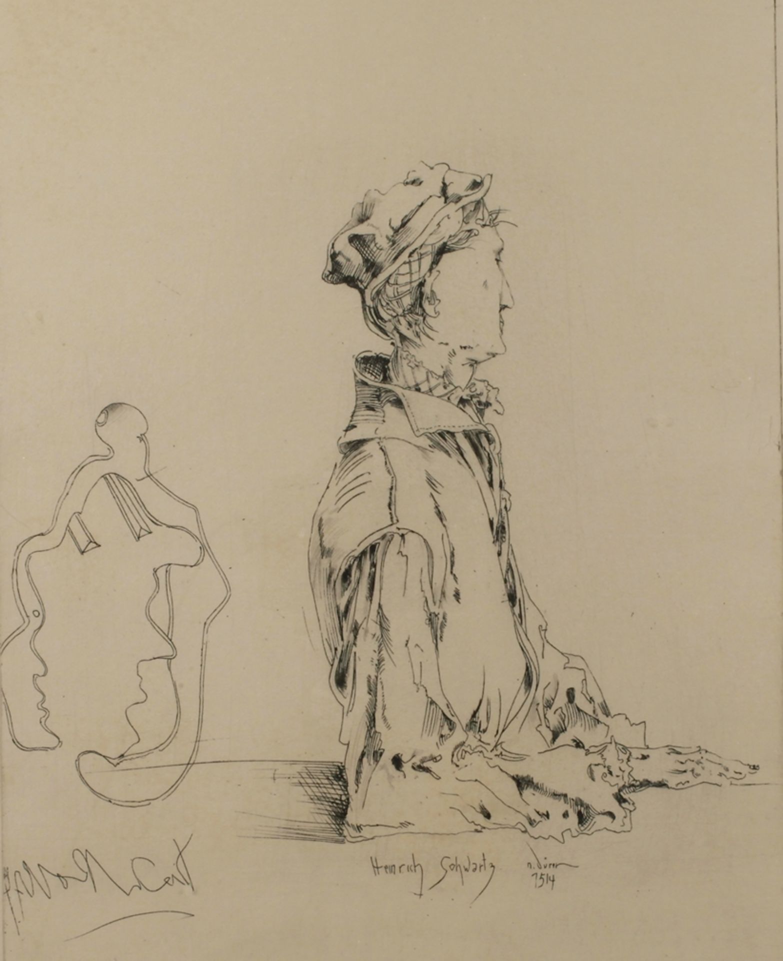 Horst Janssen, "Heinrich Schwartz n. Dürer"Halbfigur von der Seite eines hageren Mannes, unter der
