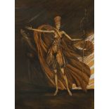 Prof. Ernst Fuchs, "Amazone"stehende weibliche Gestalt mit wallendem Gewand, in flacher