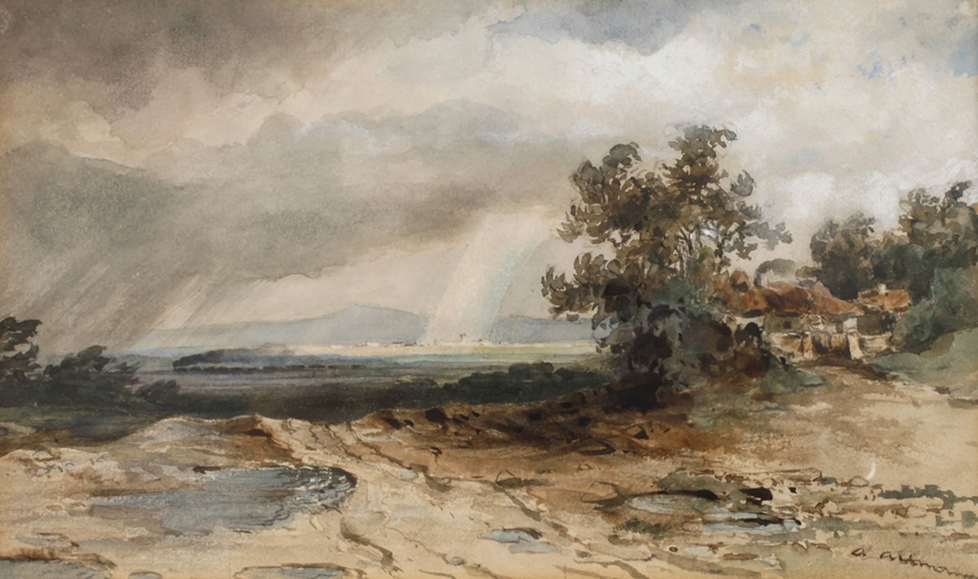 Anton Altmann d. J., Landschaft mit RegenbogenLandschaft des Voralpenlandes mit kleinem Gehöft und