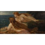 Adolphe La Lyre, Sirenenzwei junge nackte Frauen mit Musikinstrumenten, auf einem Löwenfell am Meer,