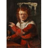 Wein trinkender NarrHalbfigurenbildnis eines kleinwüchsigen, jungen rothaarigen Mannes im roten Wams