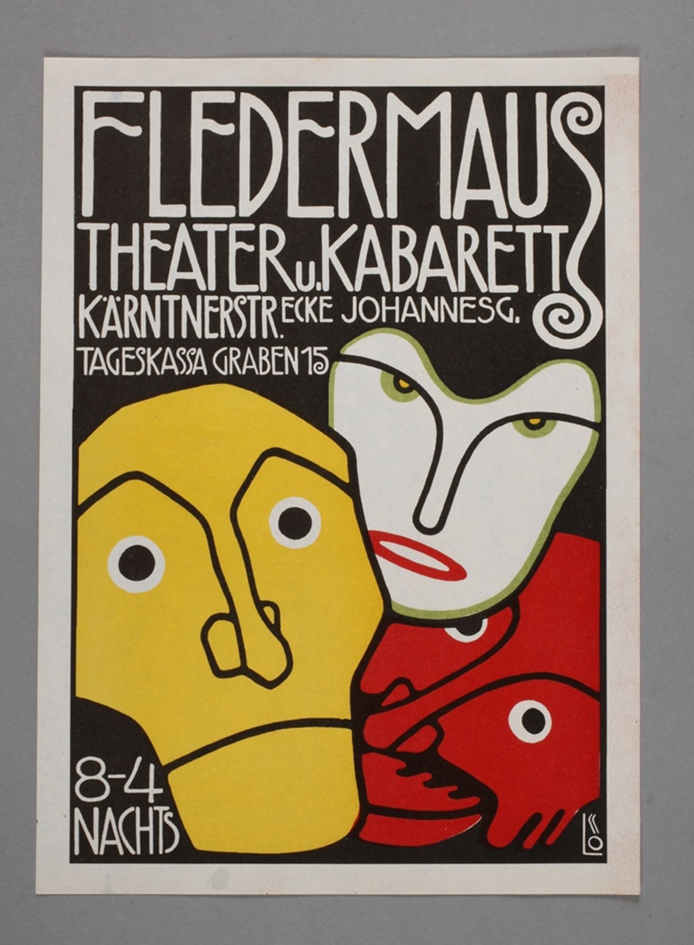 Bertold Löffler, Handplakat zum Cabaret Fledermausdrei farbenfrohe Masken vor schwarzem Grund und im