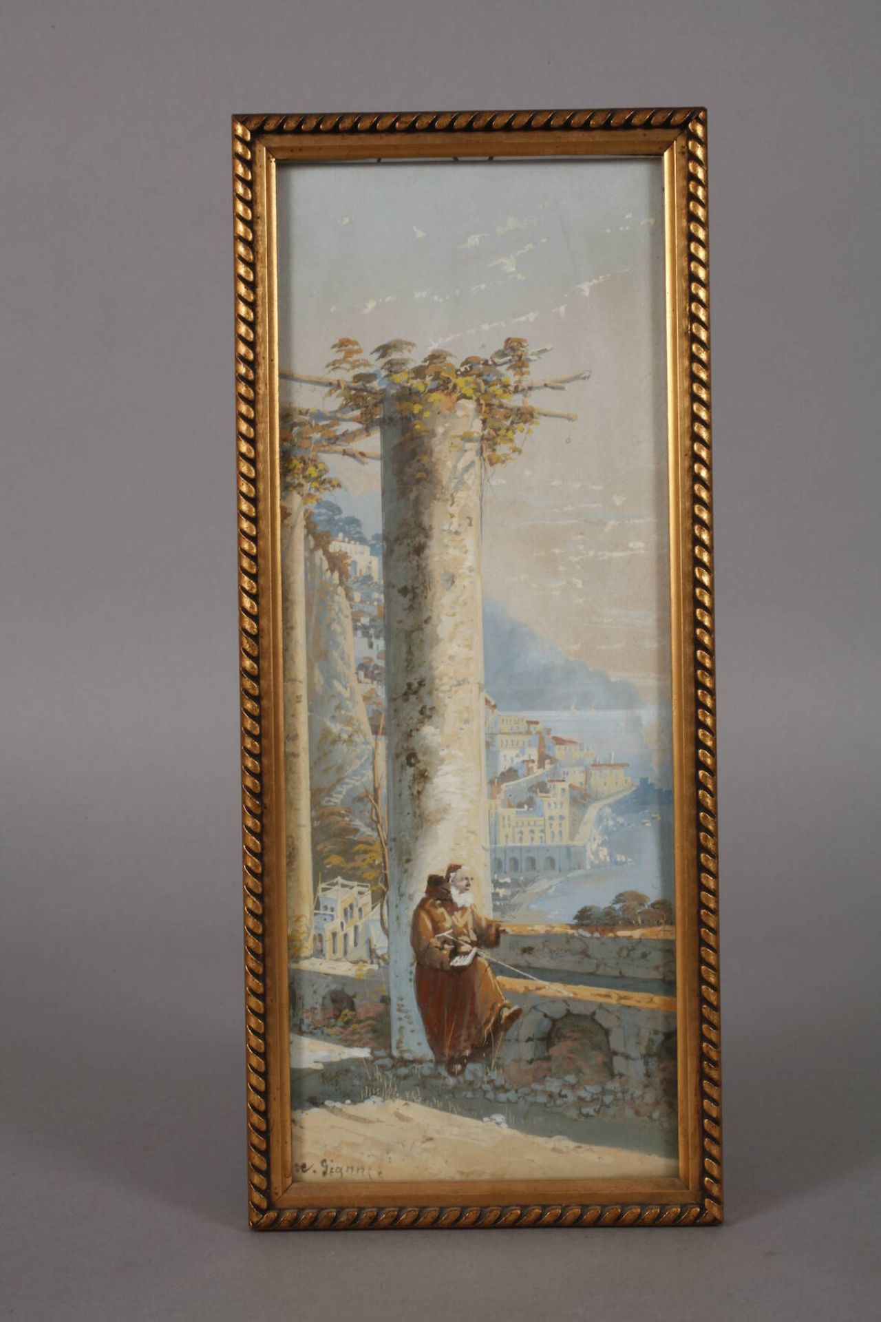 W. Gianni, „Amalfi“auf einer Mauer sitzender Mönch vor mediterraner Küstenlandschaft, Deckfarben auf - Image 2 of 3