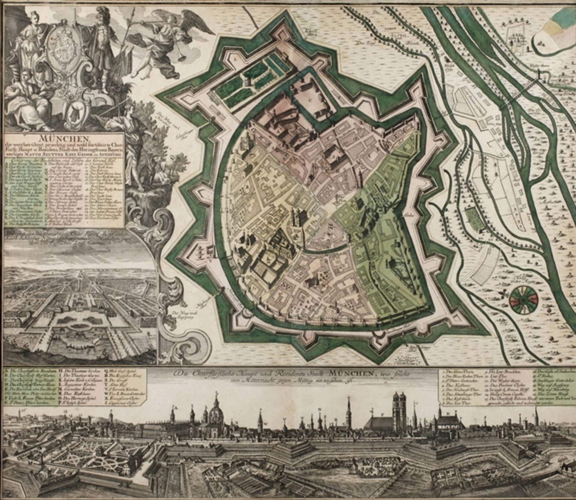 Matthäus Seutter III., Plan von MünchenAnsicht von München in verschiedenen Perspektiven sowie von