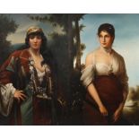 Prof. Strasser, Paar Damenportraitsreich geschmückte Frau mit Tamburin vor hügeliger Landschaft