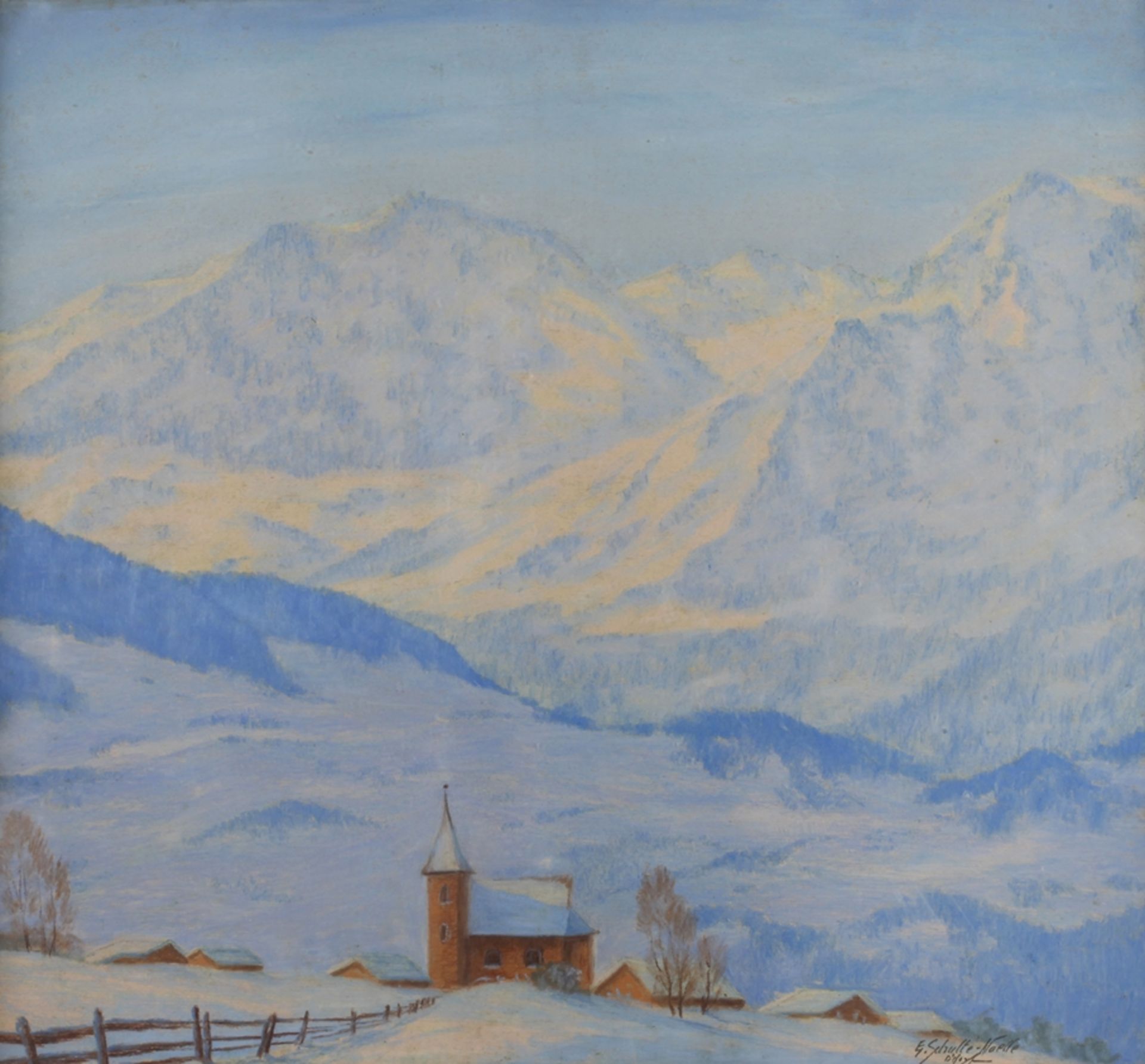 Ernst Schulte-Noelle, Winter in den BergenBlick auf eine verschneite Siedlung mit Kirche vor