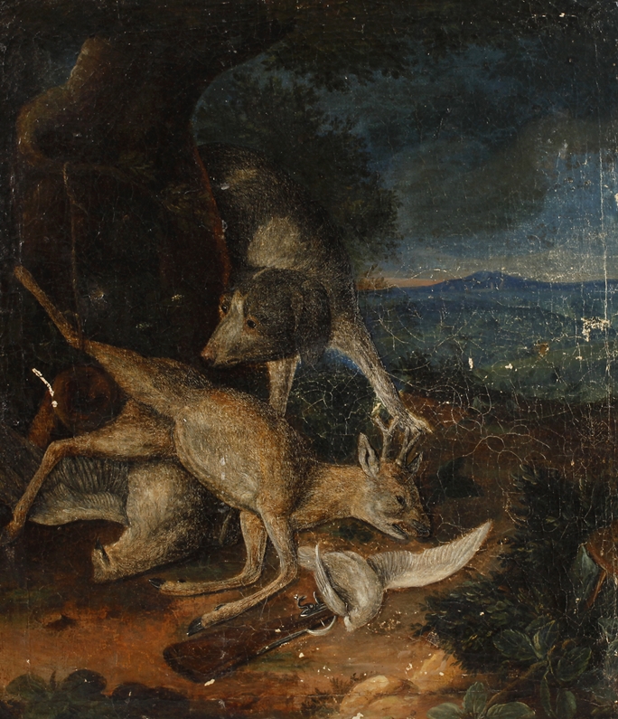 Johann Elias Ridinger, attr., Jagdsteckeabendliche Sommerlandschaft, mit unter einem Laubbaum