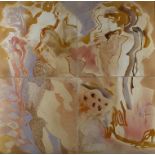Peter Luban, Figurenkompositionvierteilige, stark abstrahierende Komposition in beigen Farbtönen,