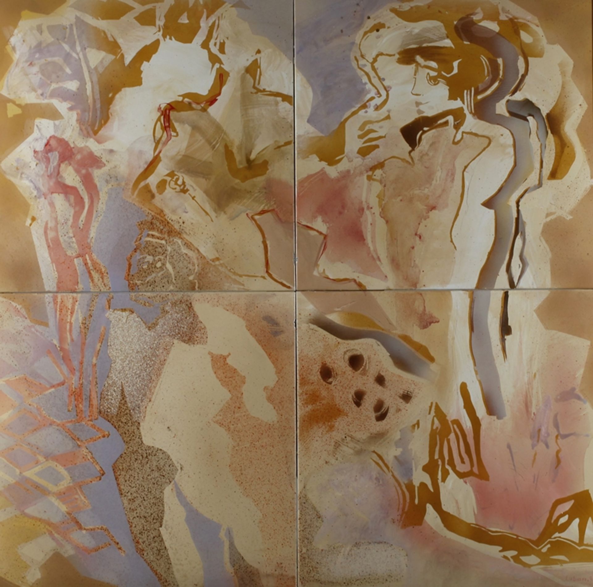 Peter Luban, Figurenkompositionvierteilige, stark abstrahierende Komposition in beigen Farbtönen,