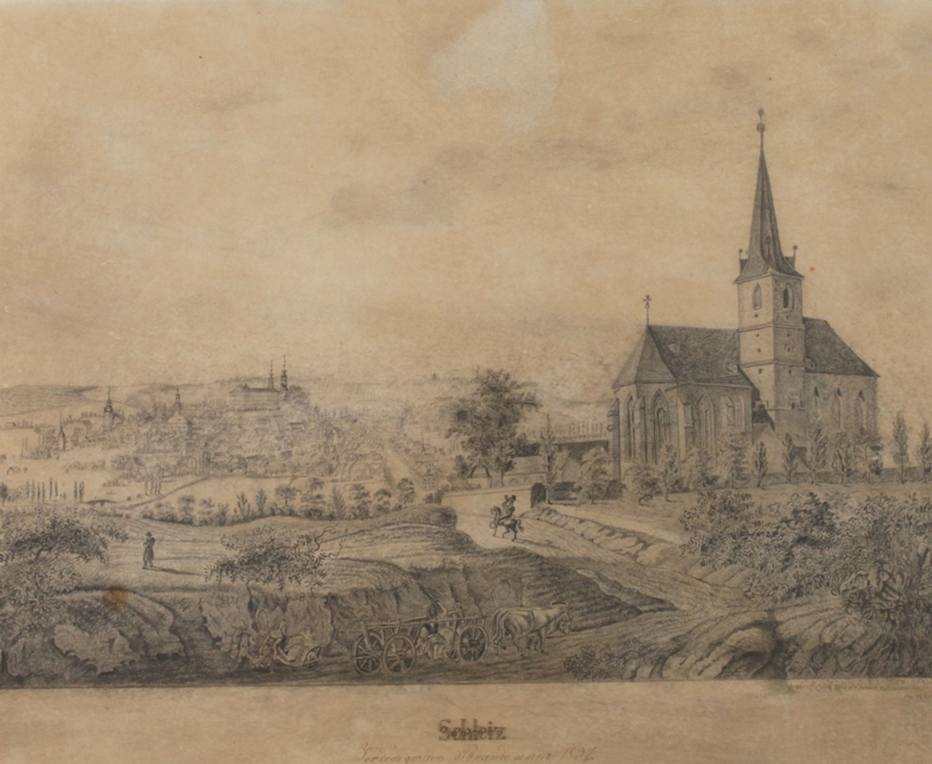 Ansicht von SchleizBlick auf die Bergkirche St. Marien mit der Stadt Schleiz, nebst dem Schloss im