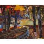 Richard Pusch, „Im Wald 1“herbstlich gefärbter Wald mit Spaziergängern, Collage, rechts unten