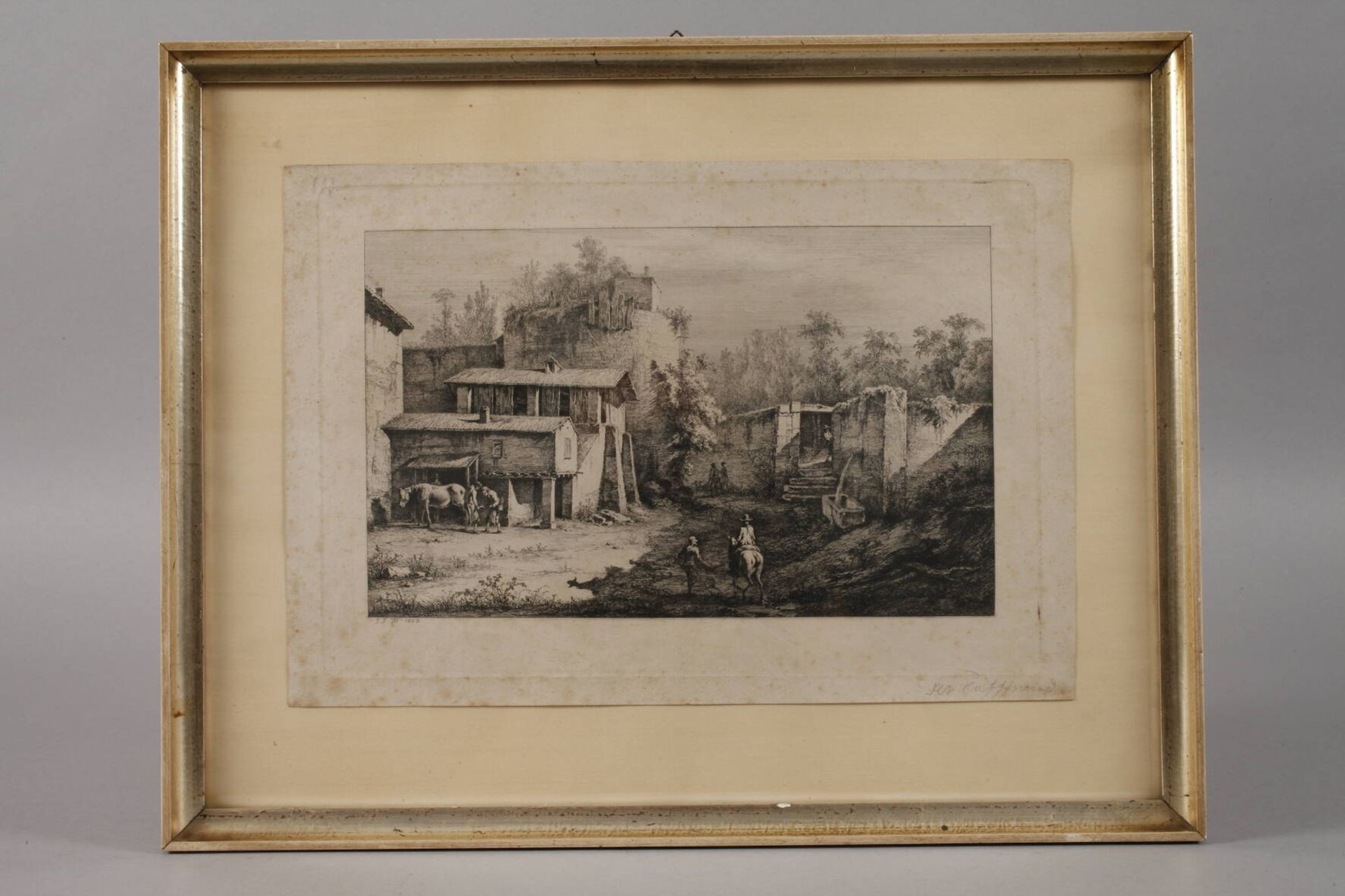 Jean-Jacques de Boissieu, "Der Hufschmied"ländliche Szene mit verfallenen Häusern und Hufschmied, - Image 2 of 3
