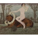 Walther Gasch. ""Tigerreiterin""nackte junge Frau, auf einem ruhenden Tiger sitzend, Deckfarben