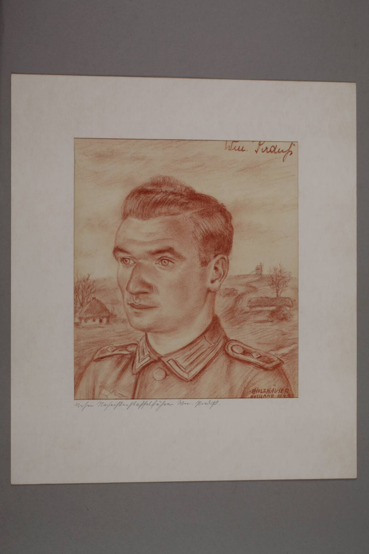 Ernst Holzhäuser, "Nachrichtenstaffelführer Trauf"Portrait eines Soldaten vor flacher Landschaft, - Image 2 of 4