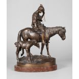 A. M. Bonegor, Spinnerin zu PferdRussland, um 1880, auf der Plinthe signiert, Bronze nuanciert