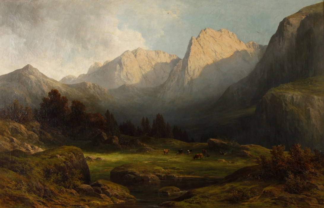 Leonhard Faustner, attr., Herde in Hochgebirgslandschaftsommerliche Hochgebirgslandschaft, mit