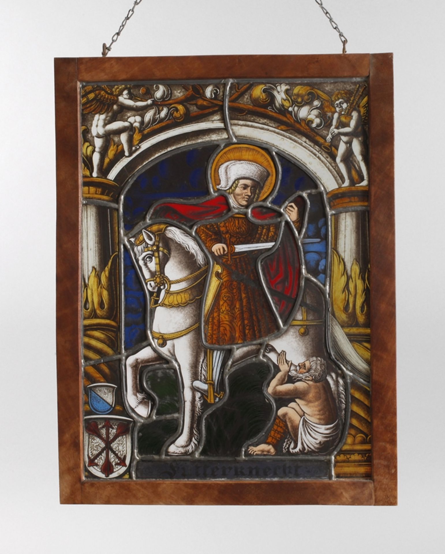 Bleiverglasung Heiliger MartinDold-Zürich, Ende 19. Jh., feine Historienmalerei auf Farbglas, ein