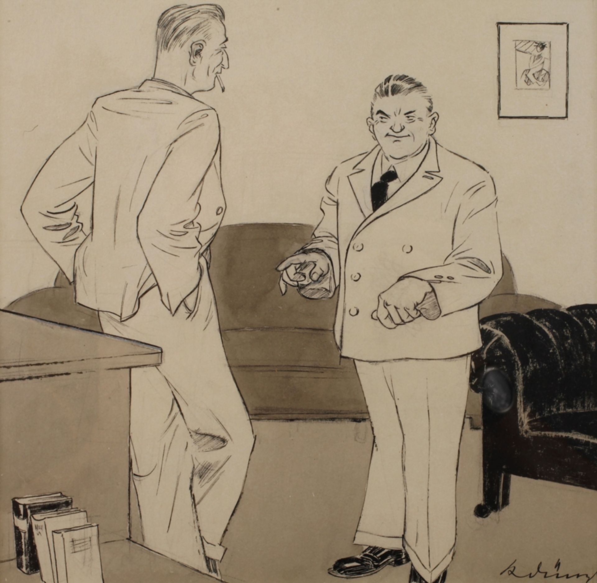 „Erziehung zur Ehe“zwei elegant gekleidete Herren im Gespräch, Illustrationszeichnung,