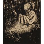 Rudolf Nehmer, "Märchen"im Wald, auf einer kleinen Lichtung sitzendes Mädchen, Holzschnitt, unter