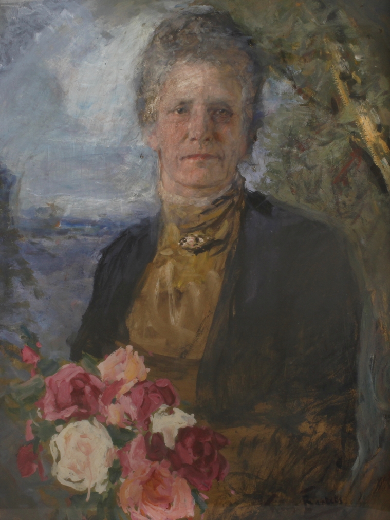 Hans von Bartels, DamenportraitBildnis einer Frau im höheren Alter mit einem üppigen Blumenstrauß in