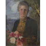 Hans von Bartels, DamenportraitBildnis einer Frau im höheren Alter mit einem üppigen Blumenstrauß in