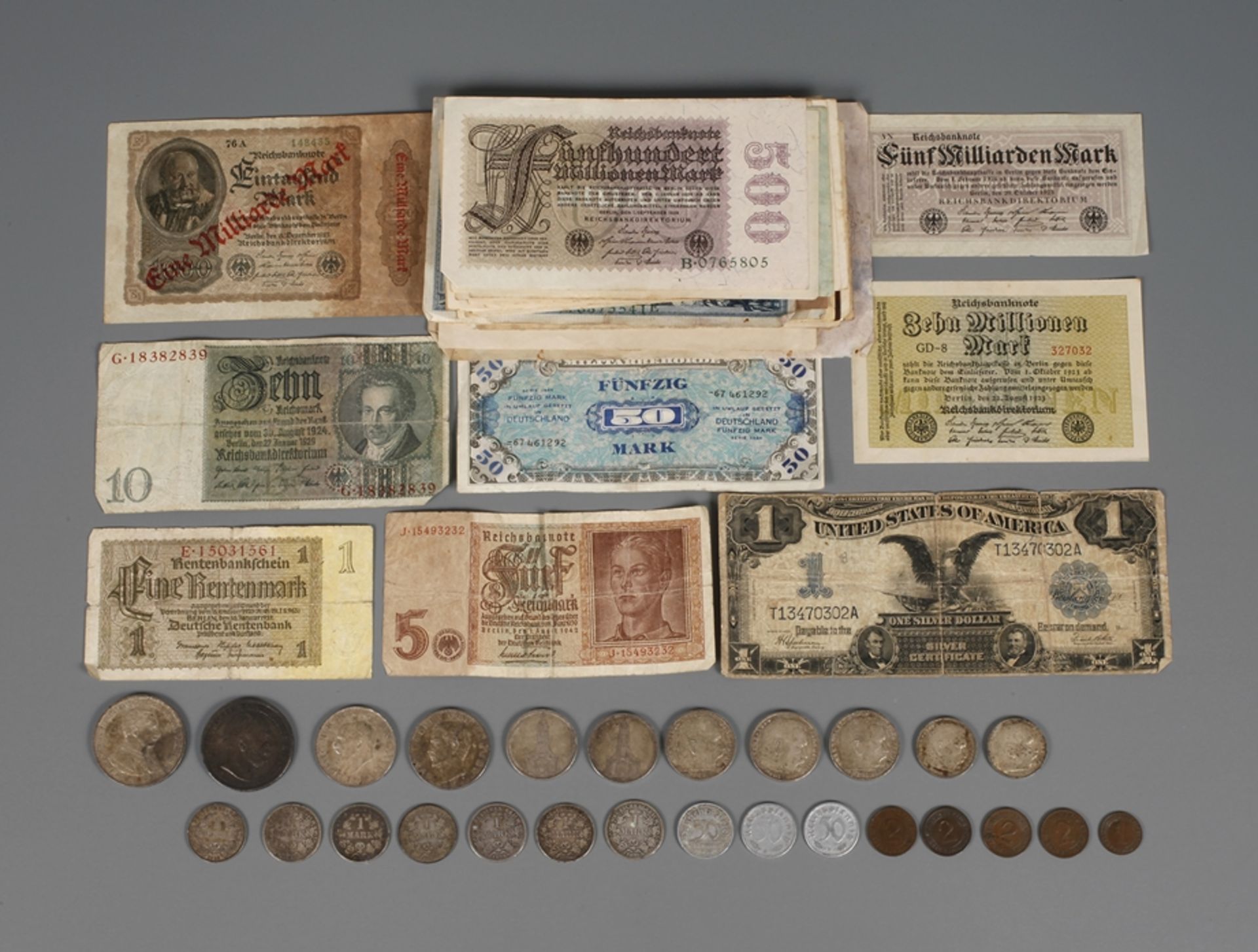 Konvolut Münzen und Geldscheine DR5 Mark Preußen 1876 (ss) und 1913 (ss+), 3 Mark Bayern 1913 (