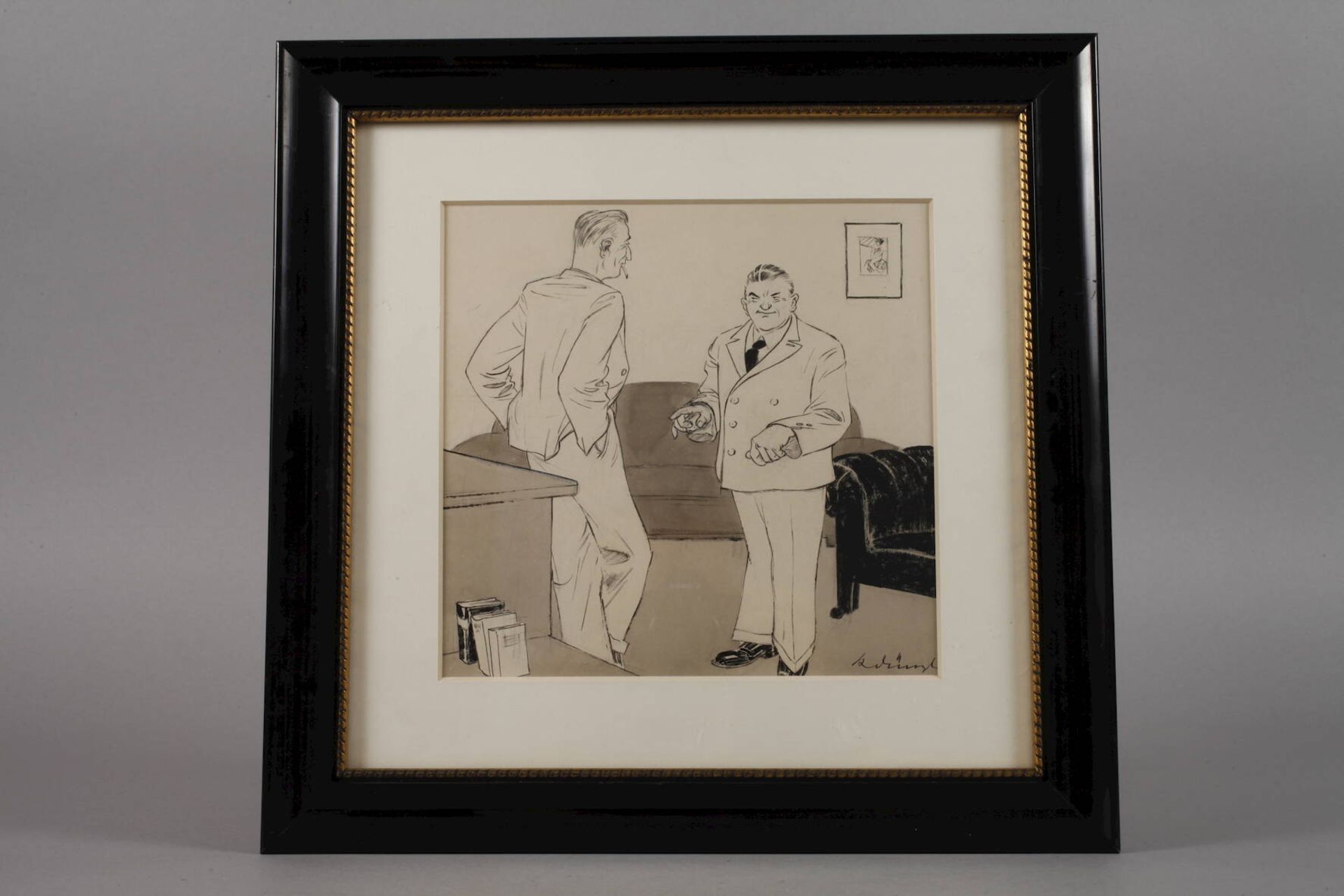 „Erziehung zur Ehe“zwei elegant gekleidete Herren im Gespräch, Illustrationszeichnung, - Bild 2 aus 3