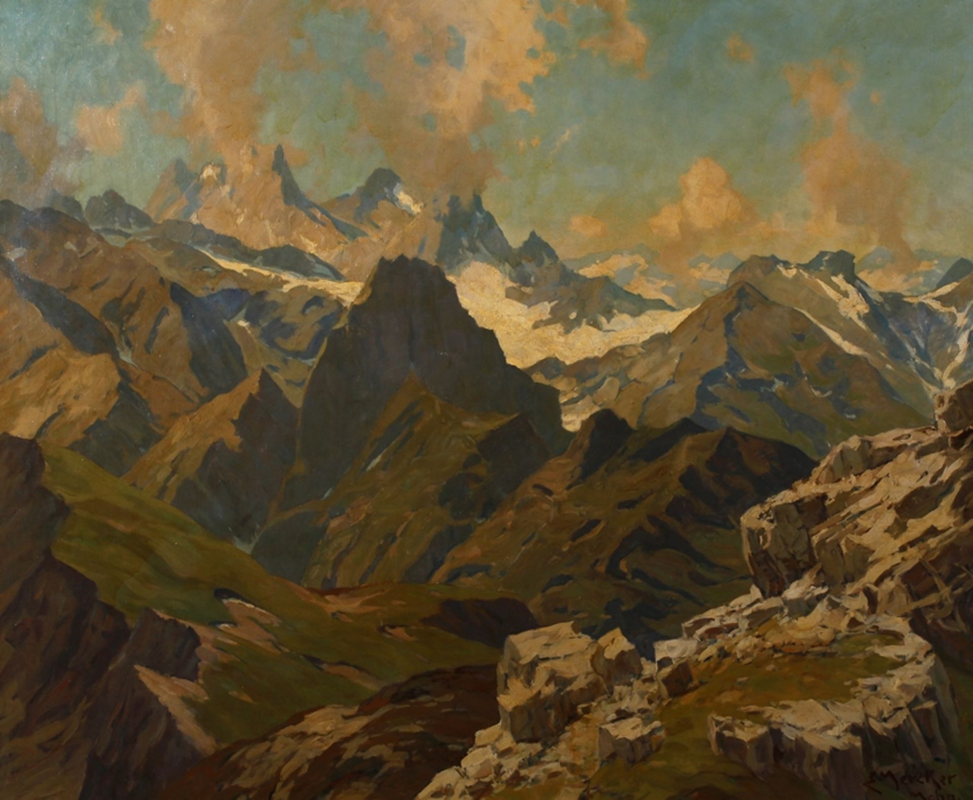 Erich Mercker, "Bergblick vom Nebelhorn"sonnige alpine Hochgebirgslandschaft bei Oberstdorf, pastose