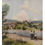 Prof. Hans Thoma, "Waldshut am Rhein"Farblichtdruck nach dem Gemälde „Waldshut am Rhein“ von Hans