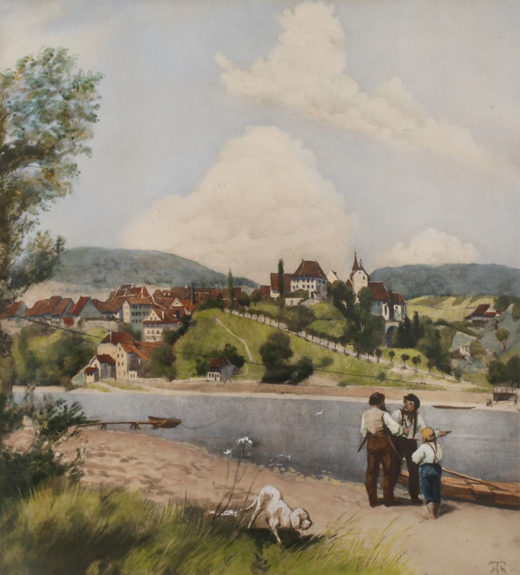 Prof. Hans Thoma, "Waldshut am Rhein"Farblichtdruck nach dem Gemälde „Waldshut am Rhein“ von Hans