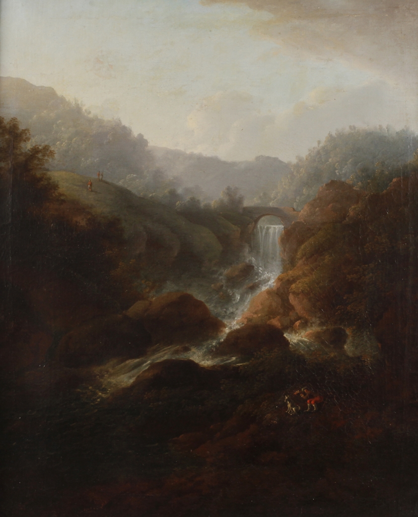 Landschaft mit WasserfallWanderer in imposanter sommerlicher Gebirgslandschaft, mit zwischen