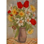 Bachmann, Blumenstilllebenprachtvoller Blumenstrauß in einer Vase, Farbholzschnitt, um 1930, unter