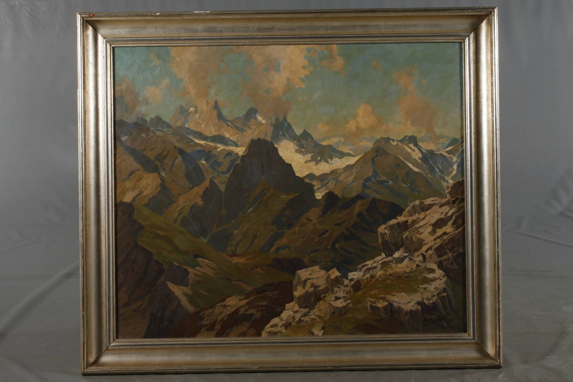 Erich Mercker, "Bergblick vom Nebelhorn"sonnige alpine Hochgebirgslandschaft bei Oberstdorf, pastose - Bild 2 aus 4