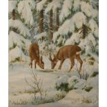 Friedrich Reimann, Rehe im WinterwaldPaar grasende Rehe im verschneiten Winterwald, leicht pastose