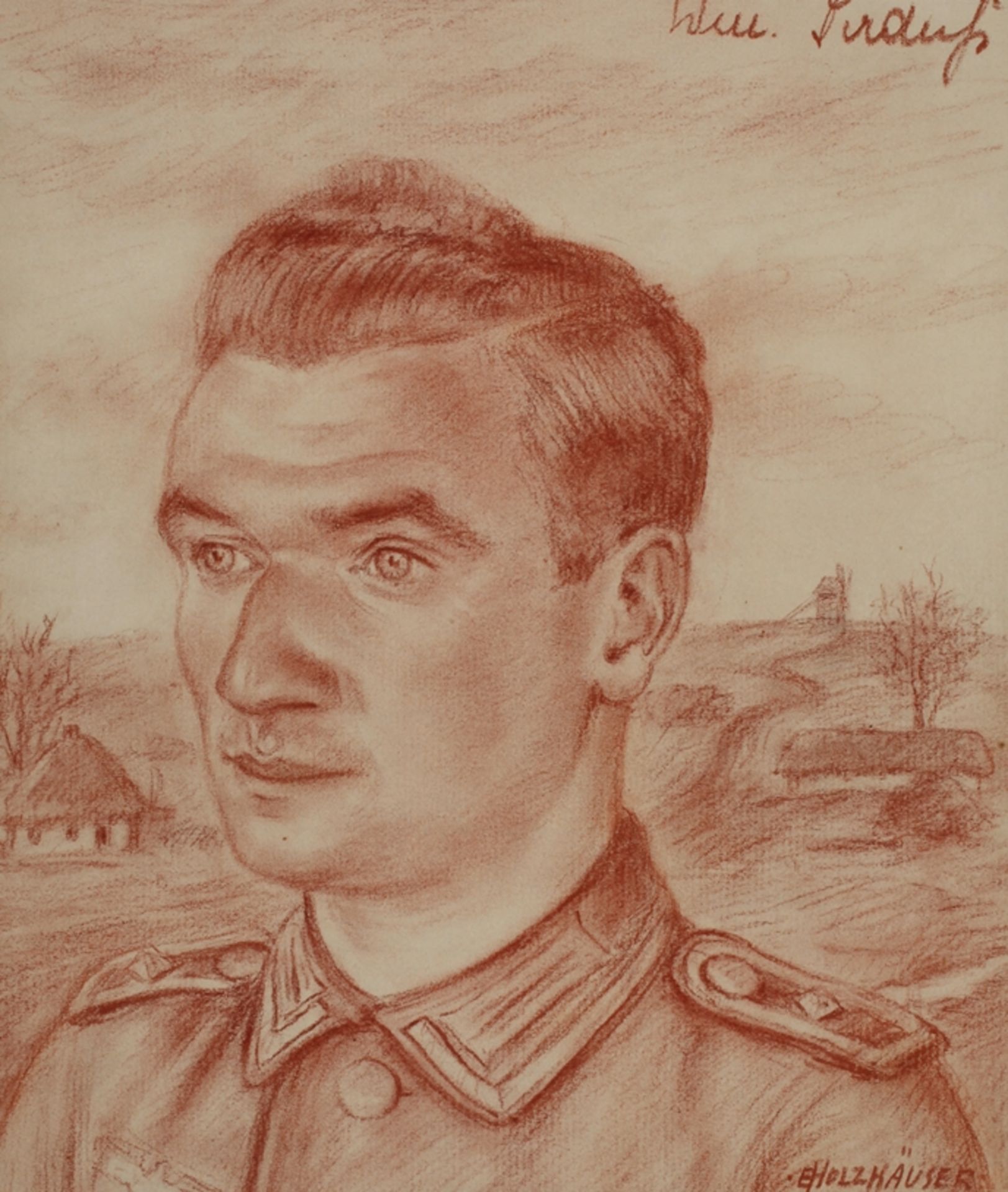 Ernst Holzhäuser, "Nachrichtenstaffelführer Trauf"Portrait eines Soldaten vor flacher Landschaft,