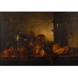 R. Eckardt, Tafelstilllebenstimmungsvolles Arrangement aus Ananas, Weintrauben, Pfirsich, Zitronen