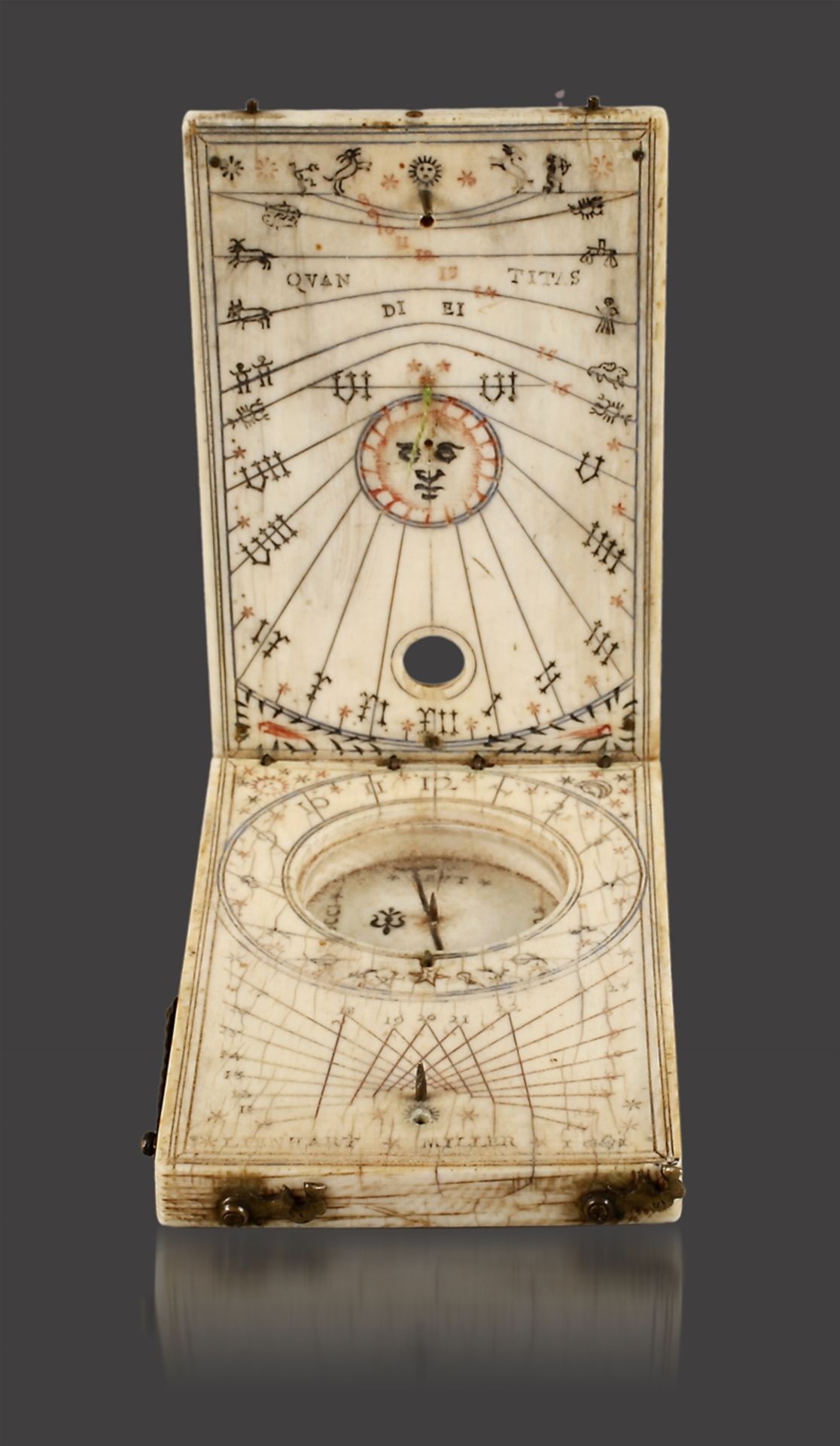 Äquatorial-Klapp-Sonnenuhr Leonhard Miller 1611signiert Lienhart Miller und datiert 1611, klappbares