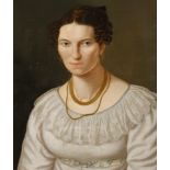 Biedermeier-DamenportraitBrustbildnis einer jungen Frau mit Korkenzieherlocken, im Spitzenkleid