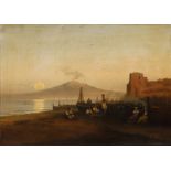 Abend am Vesuvam Meer sitzende Neapolitaner beim Musizieren und im Gespräch, im Hintergrund der