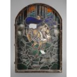 Großes Bleiglasfenstersigniert und datiert H. Révy, 1923, Jüngling auf reich geschmücktem Pferd im