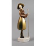 Roland Paris, Chryselephantin Dame mit Stockum 1920, auf dem Sockel Ritzsignatur, Bronze polychrom