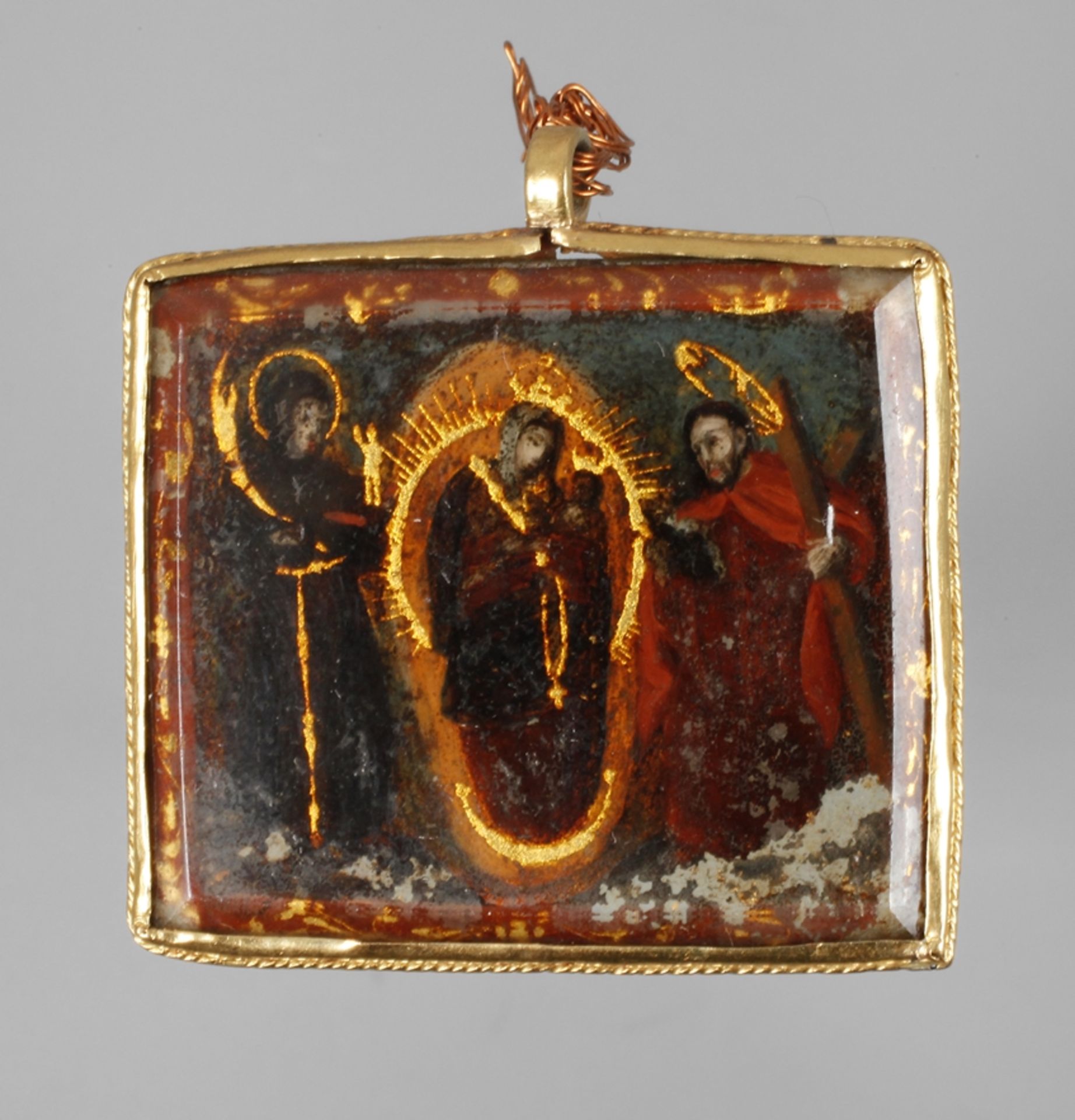 Anhänger mit Heiligendarstellungwohl 17./18. Jh., Fassung Gold ca. 750/1000, Hinterglasmalerei,
