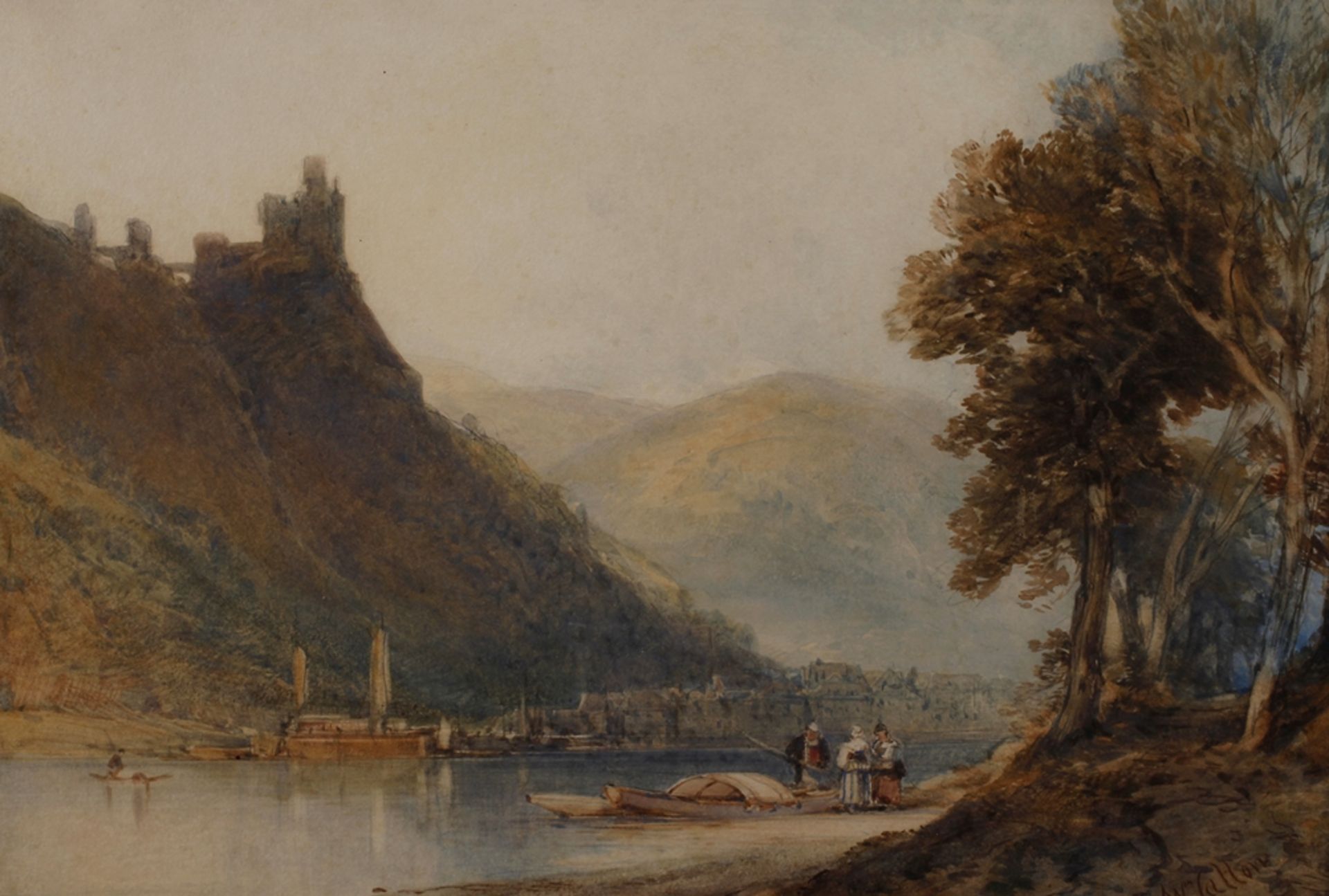 William Callow, An der MoselBlick über den Fluss auf eine Stadt, zu Füßen einer Burg, im Vordergrund