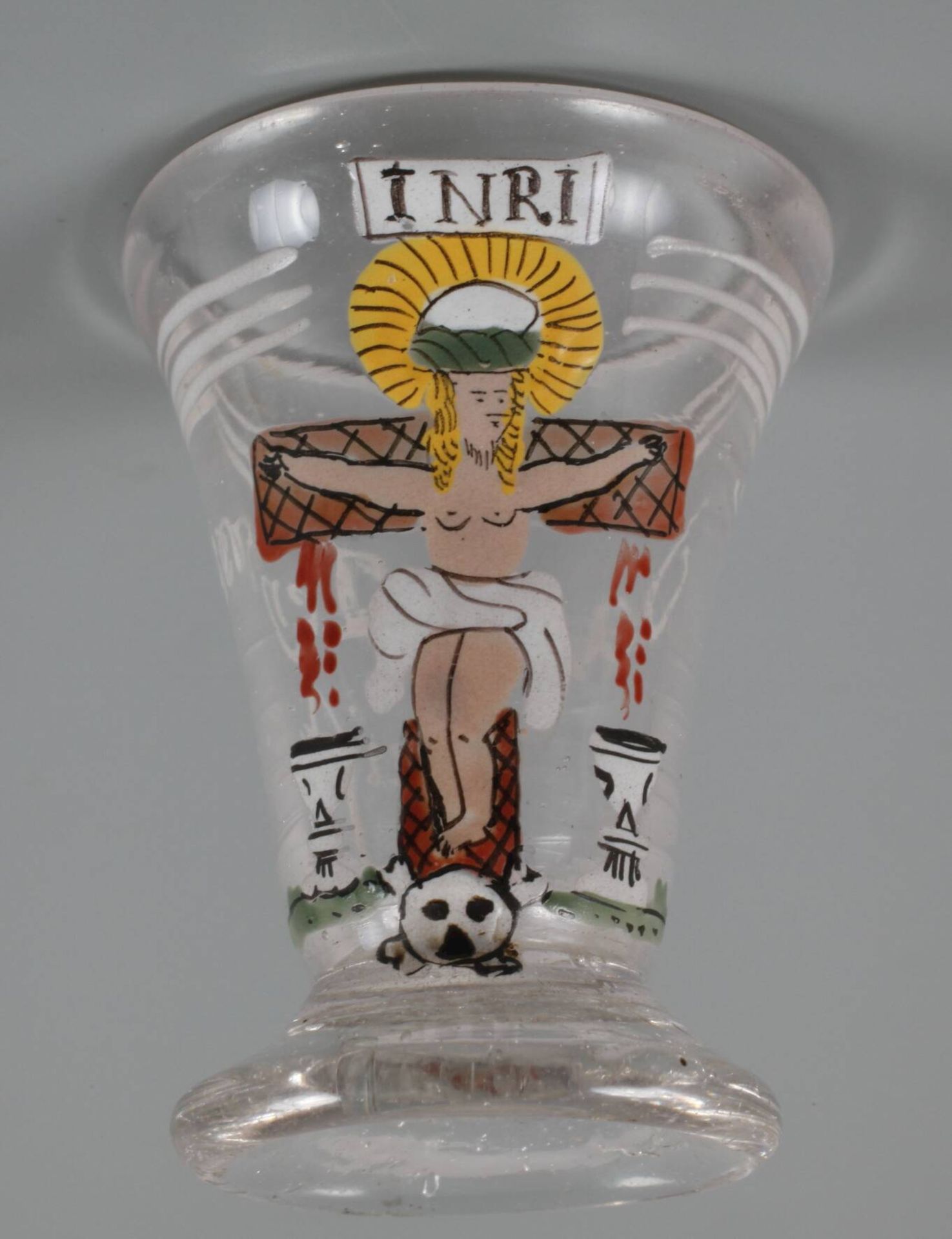 Schnapsglas ""Daß Leijden Christi""um 1700, farbloses Glas, ausgestellter angesetzter Stand, - Image 3 of 3