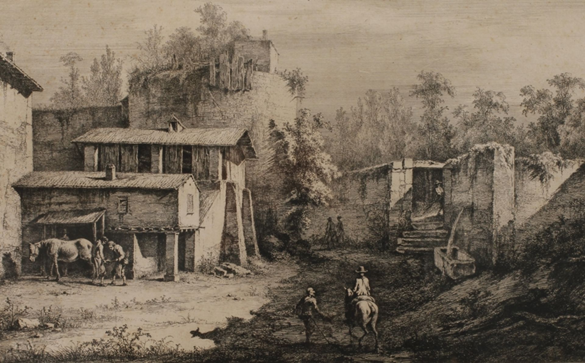 Jean-Jacques de Boissieu, "Der Hufschmied"ländliche Szene mit verfallenen Häusern und Hufschmied,